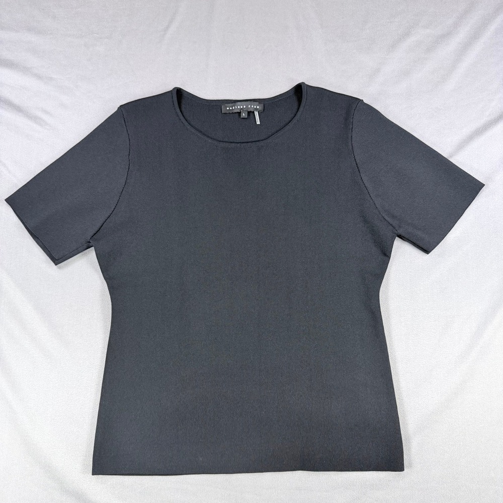 Endless Rose Womens L Black Viscose Blend Short Sleeve Knit Crew Neck Ribbed Top